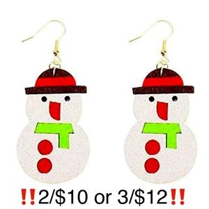 Snowman Earrings Faux Leather Dangling Christmas Holiday Glitter Novelty Earring